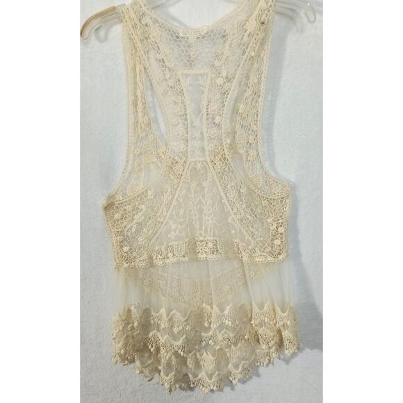 Roommates Crochet Mesh Top Women's Sz L Ivory Sleeveless Embroidered Sheer Boho - Picture 12 of 13